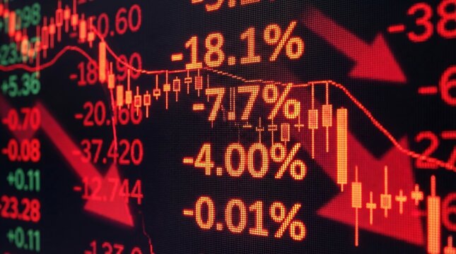 Stock market crash concept with red arrow and negative percentage numbers on digital display board, financial crisis and investment loss, recession and economic failure background