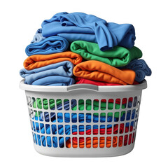 Full laundry basket with colorful folded clothes isolated on transparent background
