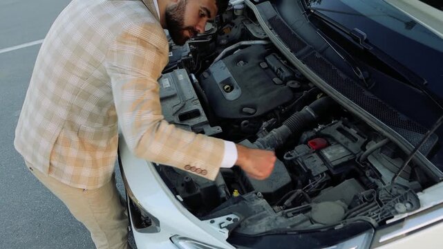 Experienced businessman in beige checkered suit carefully closing white car hood after performing detailed engine compartment inspection, demonstrating professional automotive maintenance approach


