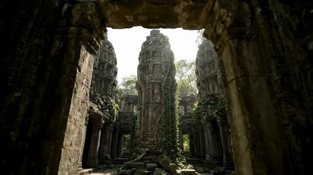 Ancient stone temple ruins with intricate carvings and a towering central structure bathed in sunlight, surrounded by overgrown vegetation.