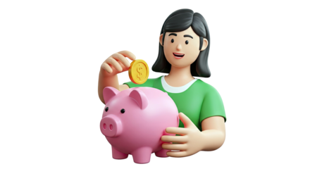 3D Cartoon Girl Saving Coin in Pink Piggy Bank