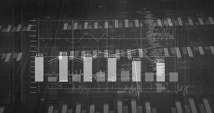 Digital dashboard displaying transparent bar charts and overlaid line graphs, tracing data trends