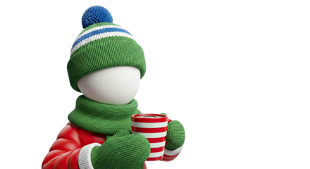 3D Character in Winter Attire Holding a Striped Mug