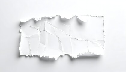 Torn, crumpled piece of white paper with rough edges against a white backdrop