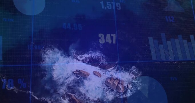 Deep-blue grid arriving as bars rising numbers flashing over waves crashing rocks for analytics