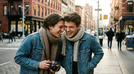 Laughing Friends Enjoying a Day Out in an Urban Street Scene