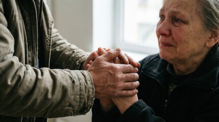 Emotional moment of connection between two people in a bright room