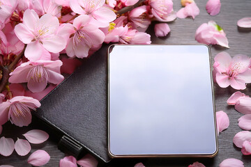 桜の花の中にタブレットと新しい手帳