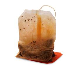Used tea bag with label isolated on transparent background