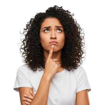 Young woman pondering deeply with finger on chin isolated on transparent background