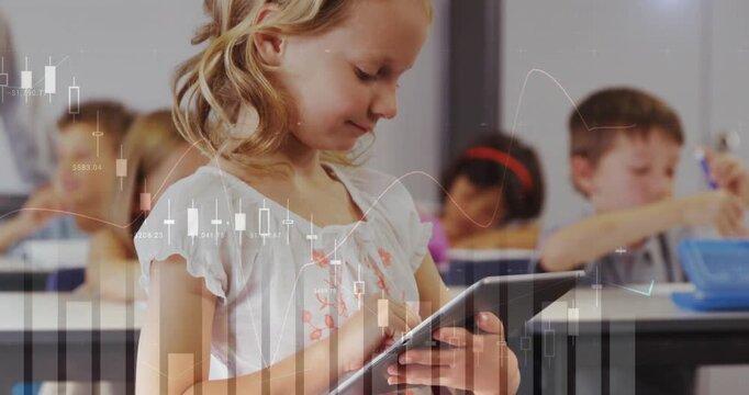 Girl student tapping tablet and showing classroom data with overlaid bar charts as camera reframing