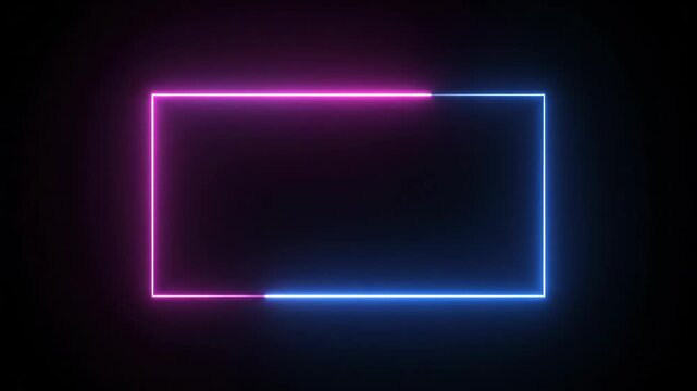Glowing neon rectangle in pink and blue colors isolated on a black background, abstract glowing frame