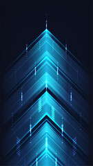 futuristic blue technology arrows pointing upward with glowing neon light streaks and digital geometric patterns on a dark background for business growth and high tech innovation concepts