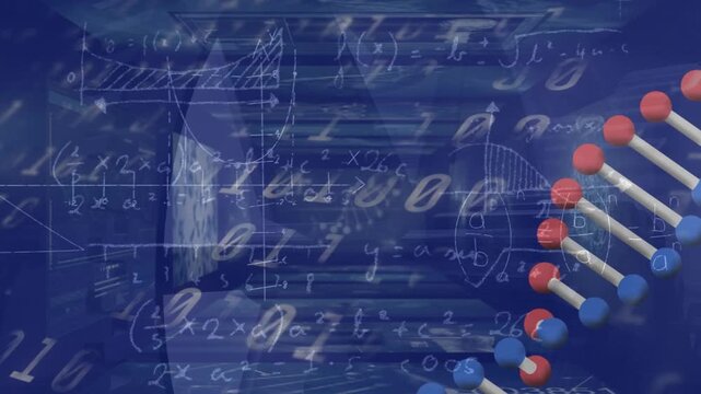 Animation of dna over navy background with diverse data and binary code