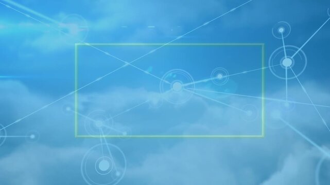 Animation of neon frame over network of connections over on blue background