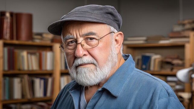 Emotive portrait of a bibliophile enjoying discovery solitude, browsing forgotten novels in dusty used bookstore aisles, calm and curious facial expression reading spines, warm tungsten bookshop