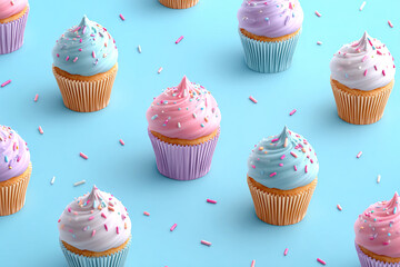 Playful pattern of pink and white frosted cupcakes on a light blue background, sweet dessert wallpaper concept with fun and colorful repetition.