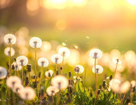 white fluffy dandelions in the grass