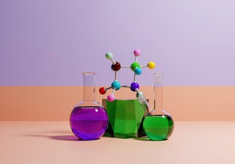 Vibrant laboratory setup with colorful beakers and molecular model on modern table