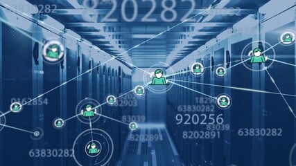 Animation of network of connections with digital icons and numbers over computer servers - Powered by Adobe