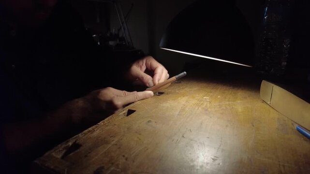 Master craftsman meticulously shaping a violin bow stick under focused workshop lighting