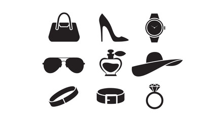 Fototapeta premium Collection of luxury accessories and fashion items displayed together in a minimalist flat design illustration from a direct viewpoint