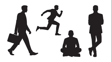 Silhouettes of businesspeople in various poses and actions, showcasing different attitudes and activities in a professional setting