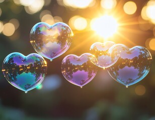 Colorful soap bubbles in heart shapes float gracefully, reflecting light and creating joyful atmosphere