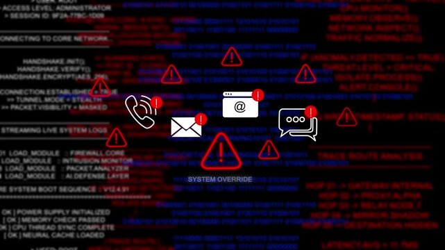 Ai system override alert icon with binary code background. The attention grabbing icon highlights the importance of digital safety in today's interconnected