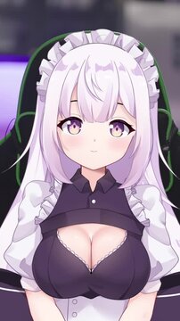 Cute 2D anime girl maid streamer vtuber on gaming chair in kitchen