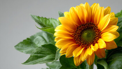 Obraz premium Bright sunflower with foliage on a plain white backdrop, ideal for floral design projects