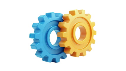Two interlocking blue and orange gears