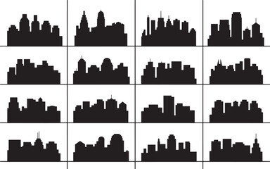 Obraz premium Silhouettes of various city skylines in a grid layout showcasing urban landscapes from different perspectives
