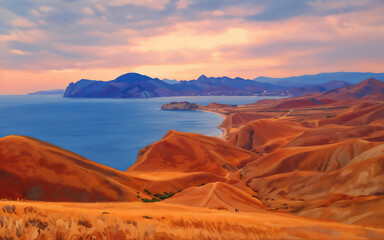 Fototapeta premium View of Karadag Mountains and Seascape with Golden Hills at Sunset