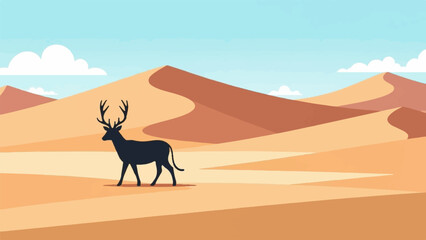 Silhouette of a deer with large antlers walking across a sandy desert landscape