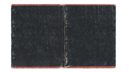 Worn black notebook cover spread with red border isolated on transparent background