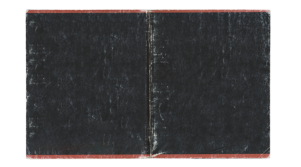 Worn black notebook cover spread with red border isolated on transparent background