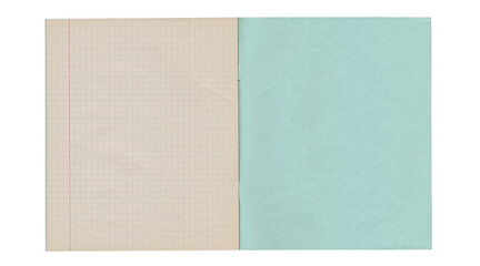 Open notebook with graph paper page and turquoise cover isolated on transparent background