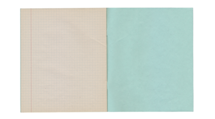 Open notebook with graph paper page and turquoise cover isolated on transparent background