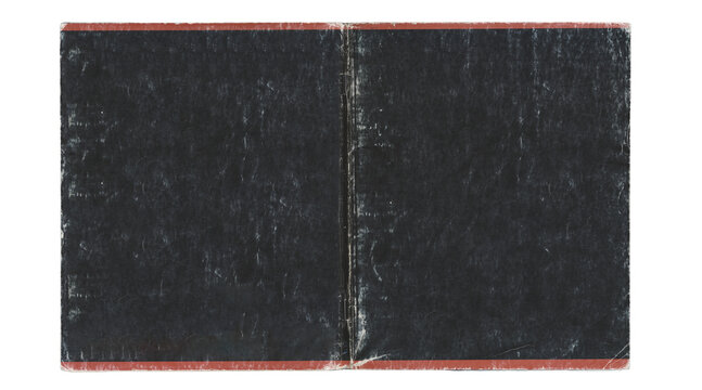 Worn black notebook cover spread with red border isolated on transparent background