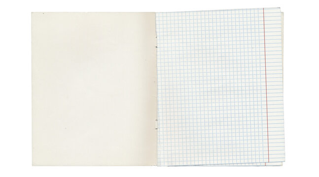 Open notebook with blank page and graph paper sheet isolated on transparent background