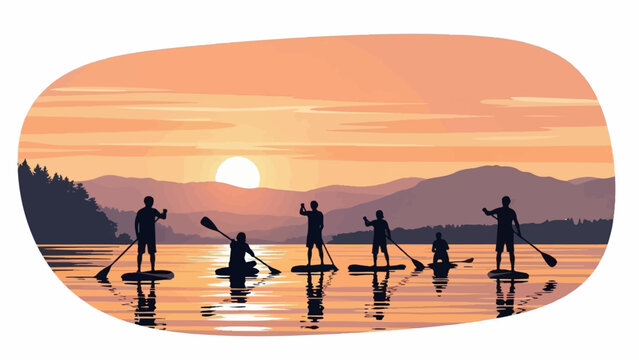 Silhouettes paddleboard across a tranquil lake at sunset with mountains in background