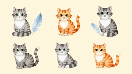 Obraz premium Six adorable watercolor cats, two with blue feathers, sit in two rows