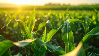Fresh corn on the cob grows on a green stalk within a lush agriculture field as this organic summer crop matures under the bright sun on a vibrant maize farm