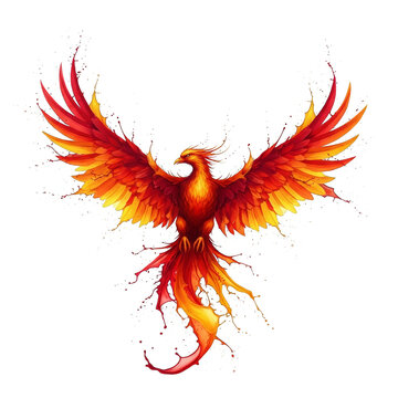 Dramatic PNG illustration of a phoenix made of flames spreading its wings, symbolizing rebirth, power, and transformation. PNG format, transparent background.