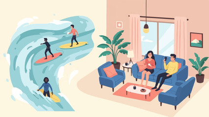 Obraz premium Surfing and home relaxation shown side-by-side