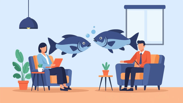 Surreal scene with people in chairs talking to floating fish in a room