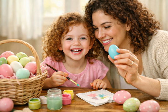 Happy Easter Mother and daughter painting Easter eggs with pastel colors for springtime holiday celebration