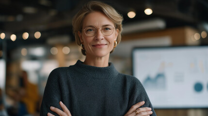 A confident businesswoman delivers a presentation about an upcoming promotion while an attentive audience takes notes. Visual aids illustrate key points about market trends and innovative