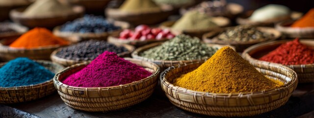 Colorful Spices Displayed in Woven Bowls Showcasing Rich Textures and Vibrant Shades